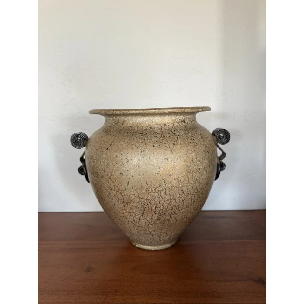 VTG Mid‎ Century Fine Crackle Glaze Vase in Metallic Gold Black Decor Handles